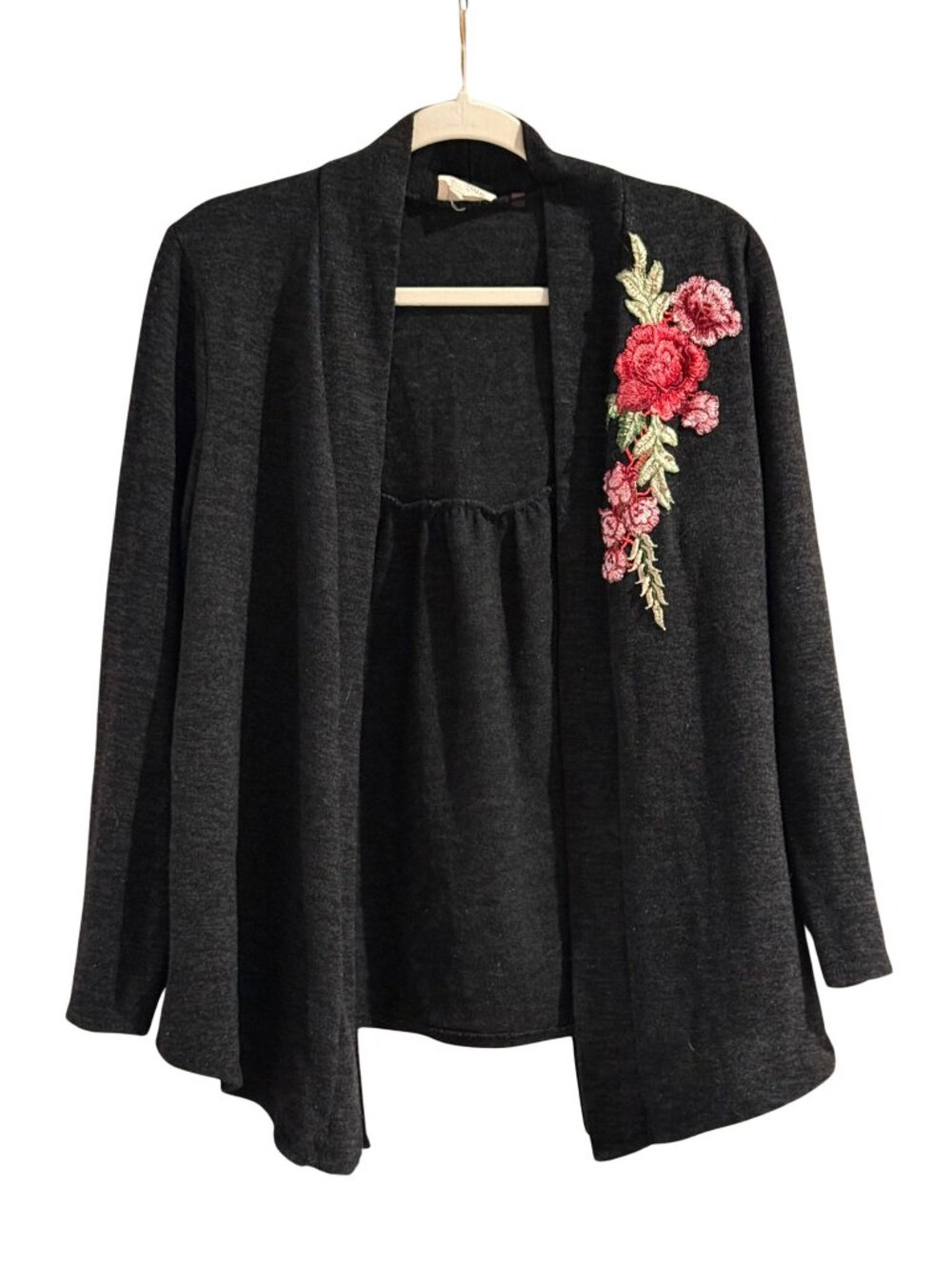 Carol Rose XL Charcoal Gray Rose Embroidered Open Front Swing Cardigan